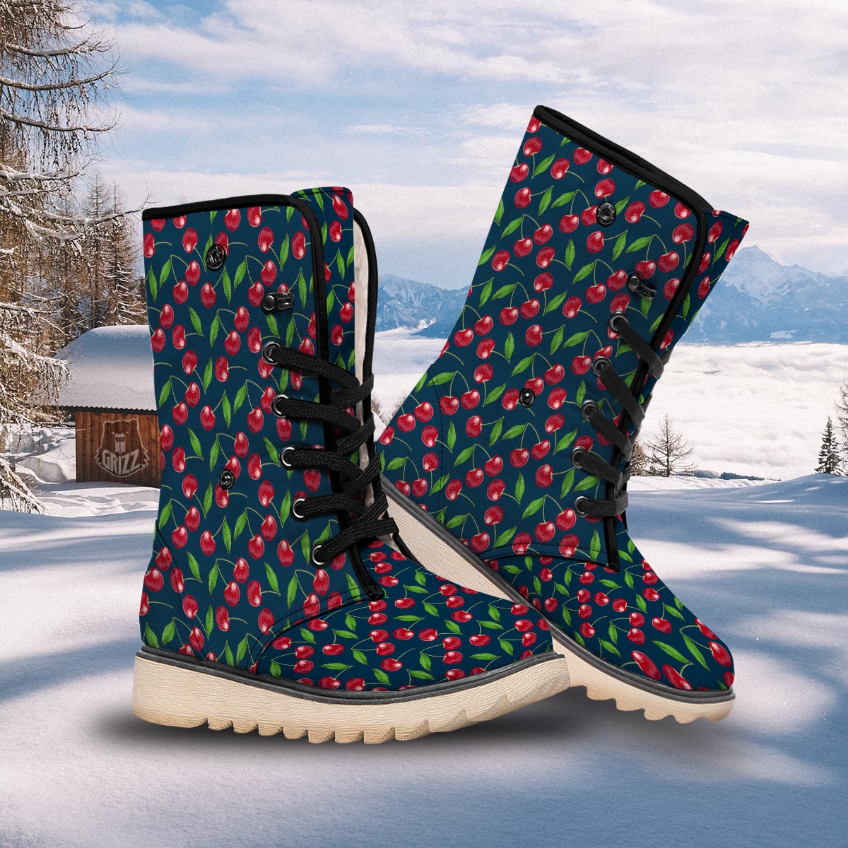 Cherry Red Print Pattern Snow Boots-grizzshop