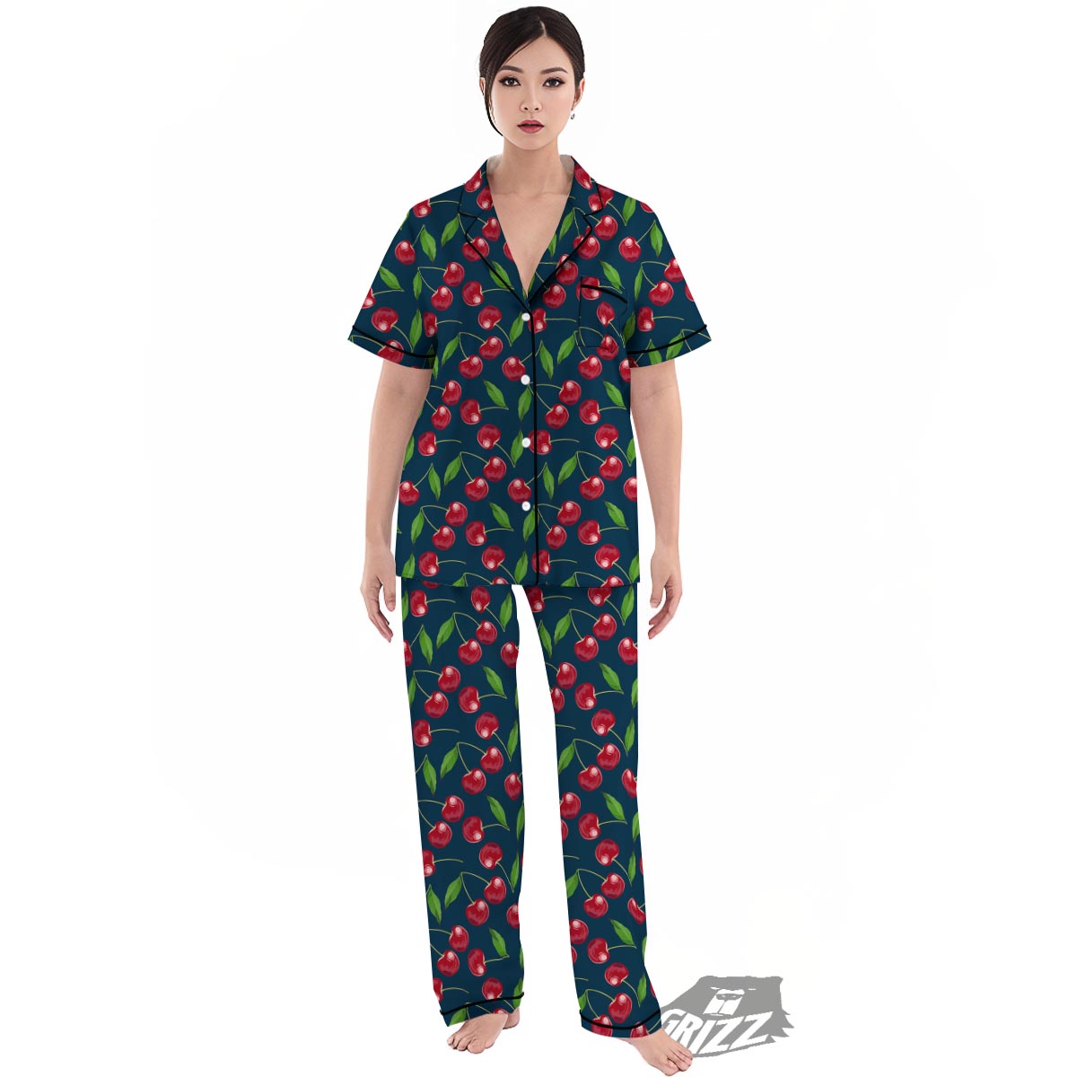 Cherry Red Print Pattern Women's Pajamas Set-grizzshop