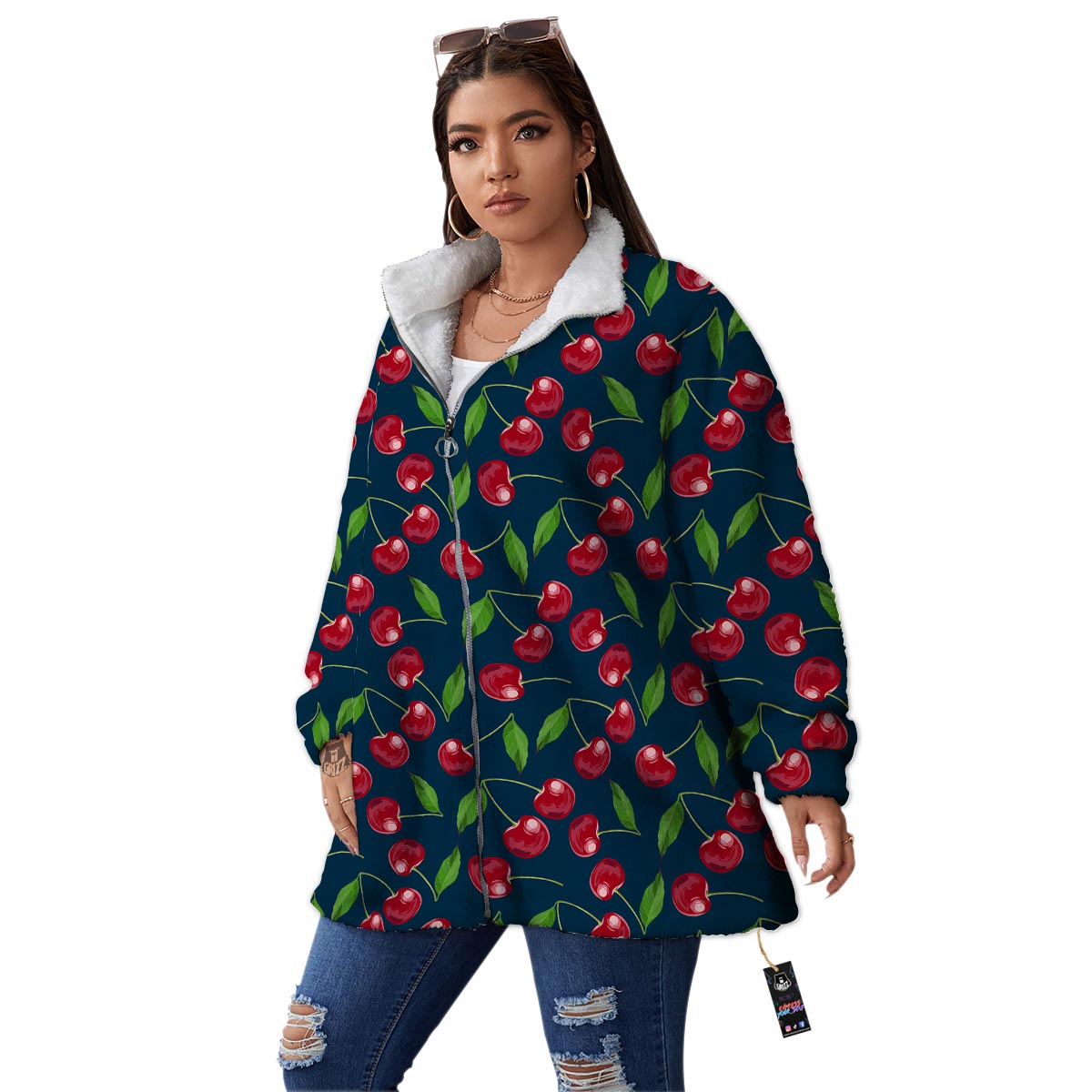 Cherry Red Print Pattern Women's Sherpa Jacket-grizzshop