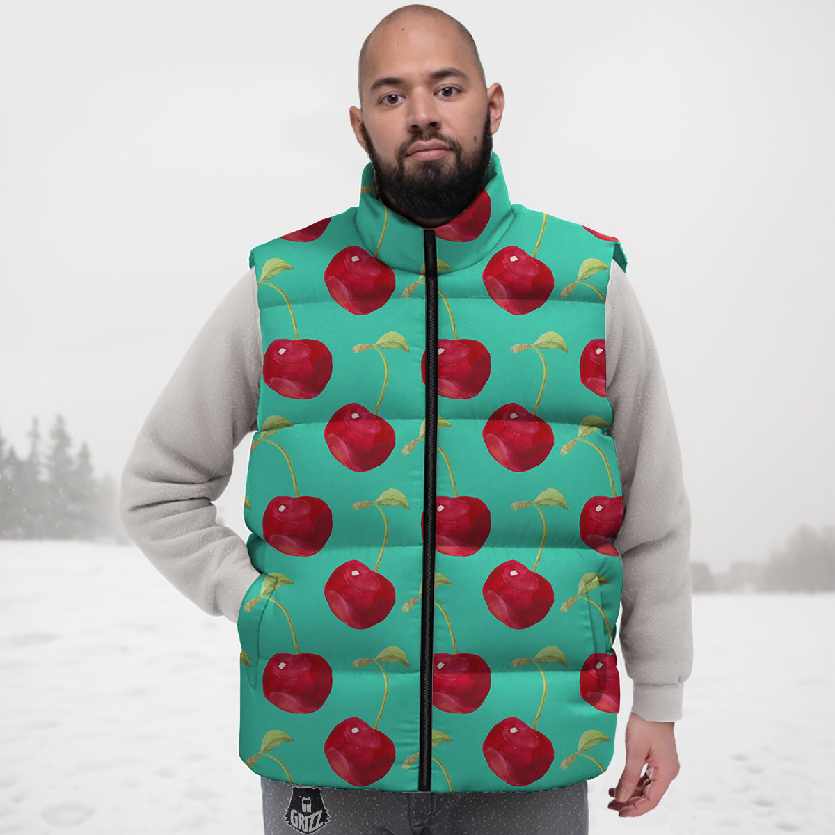 Cherry Watercolor Print Pattern Down Vest-grizzshop