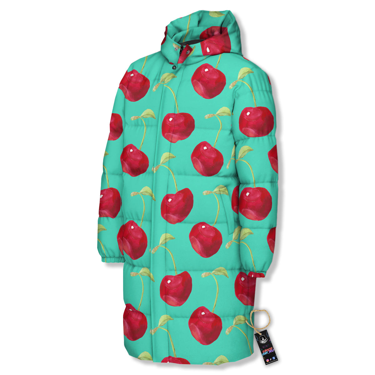 Cherry Watercolor Print Pattern Long Down Jacket-grizzshop