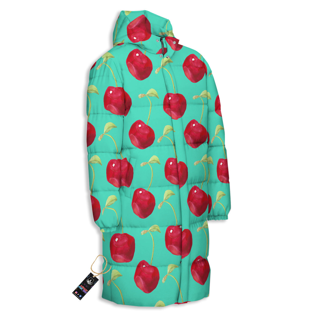Cherry Watercolor Print Pattern Long Down Jacket-grizzshop