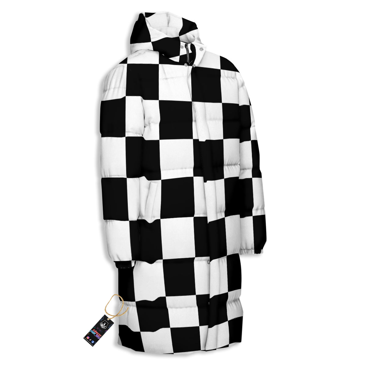 Chessboard Sphere Print Long Down Jacket-grizzshop