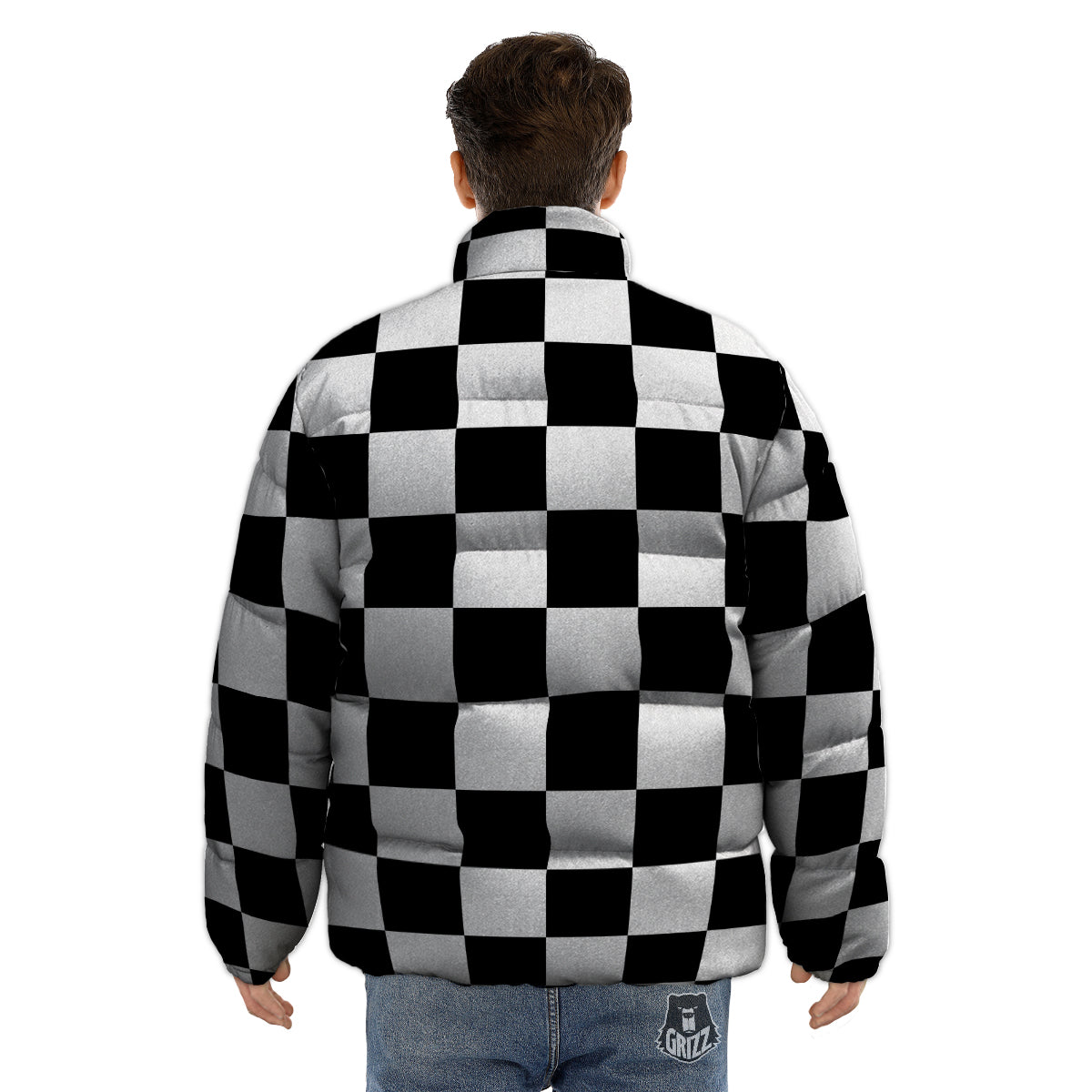 Chessboard Sphere Print Puffer Jacket-grizzshop