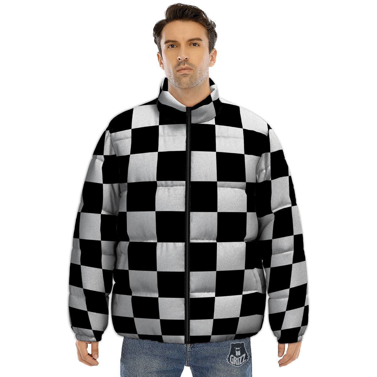 Chessboard Sphere Print Puffer Jacket-grizzshop