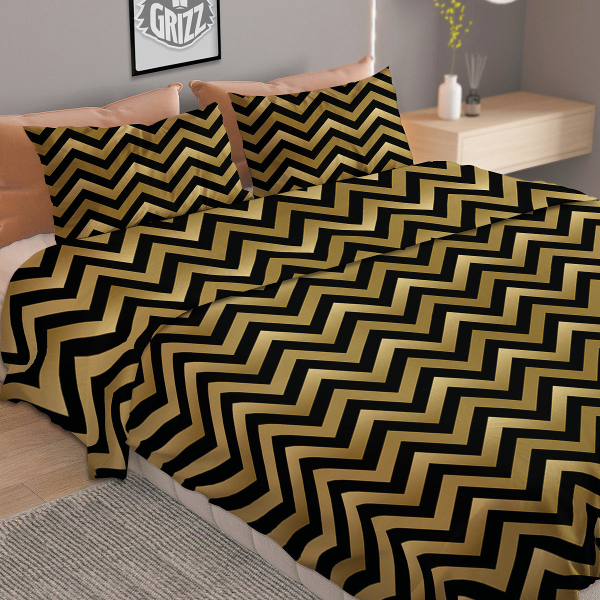 Chevron Black And Gold Print Pattern Duvet Cover Bedding Set