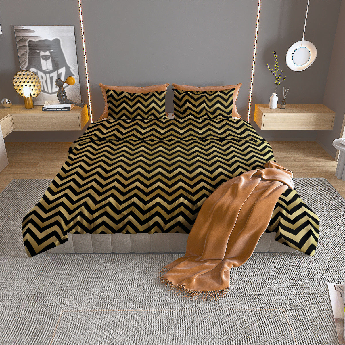 Chevron Black And Gold Print Pattern Duvet Cover Bedding Set