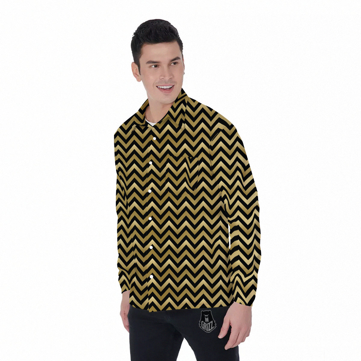 Chevron Black And Gold Print Pattern Men's Long Sleeve Shirts-grizzshop