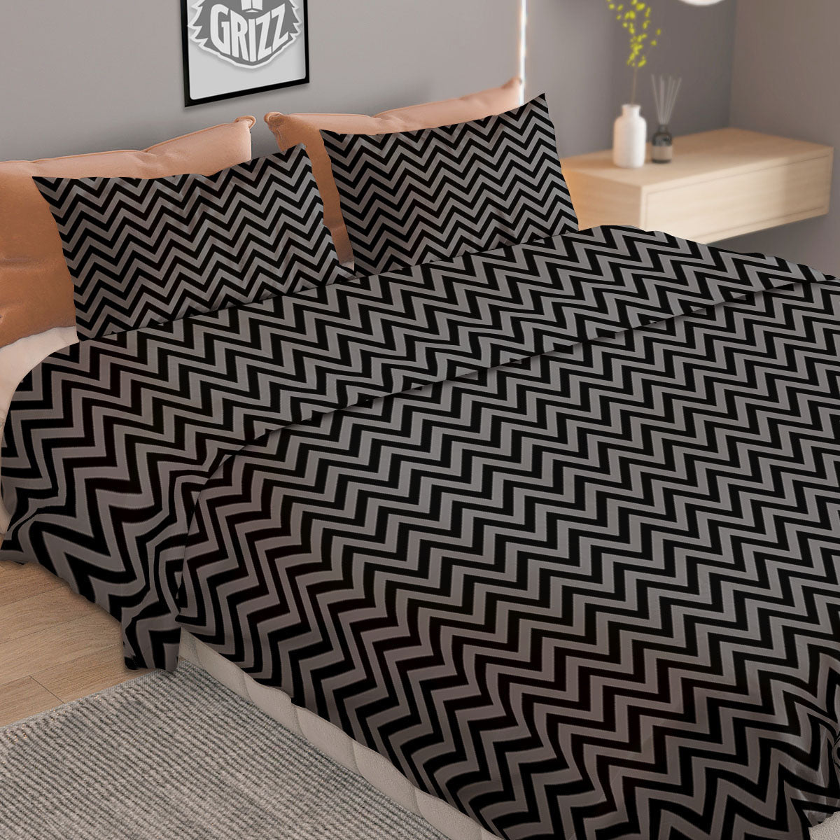 Chevron Black And Grey Print Pattern Duvet Cover Bedding Set