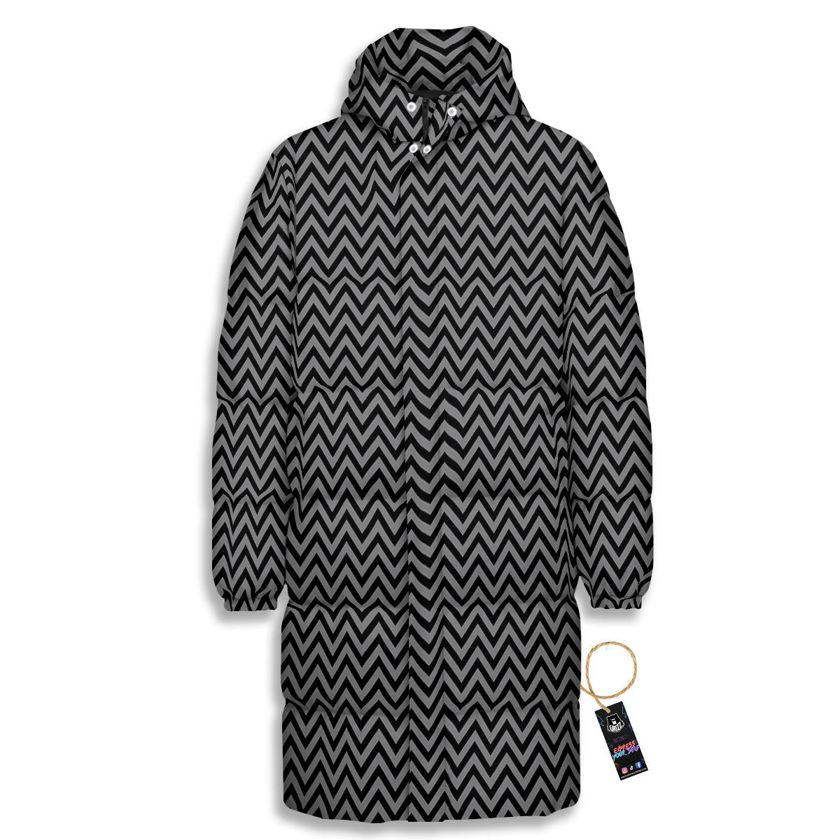 Chevron Black And Grey Print Pattern Long Down Jacket-grizzshop