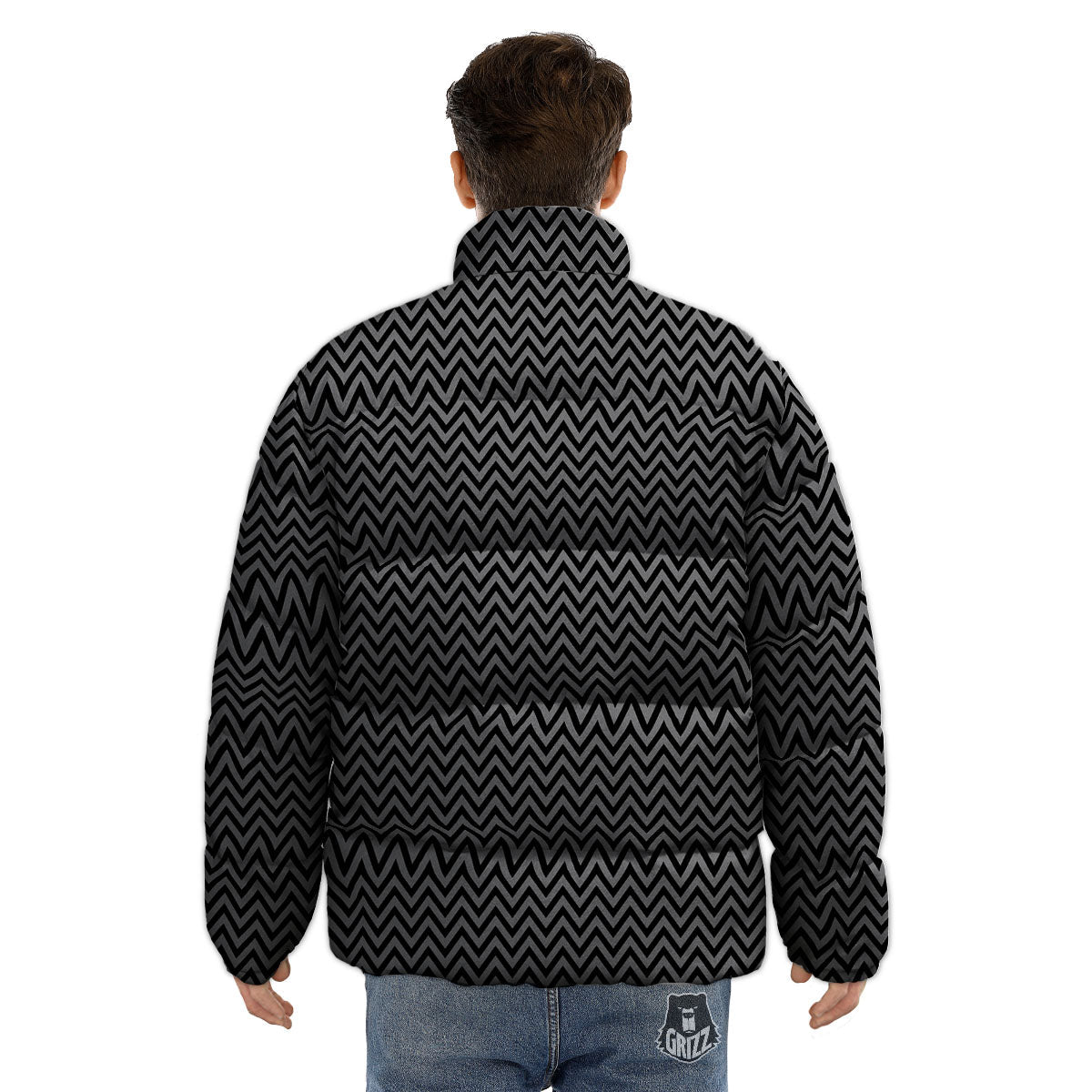 Chevron Black And Grey Print Pattern Puffer Jacket-grizzshop