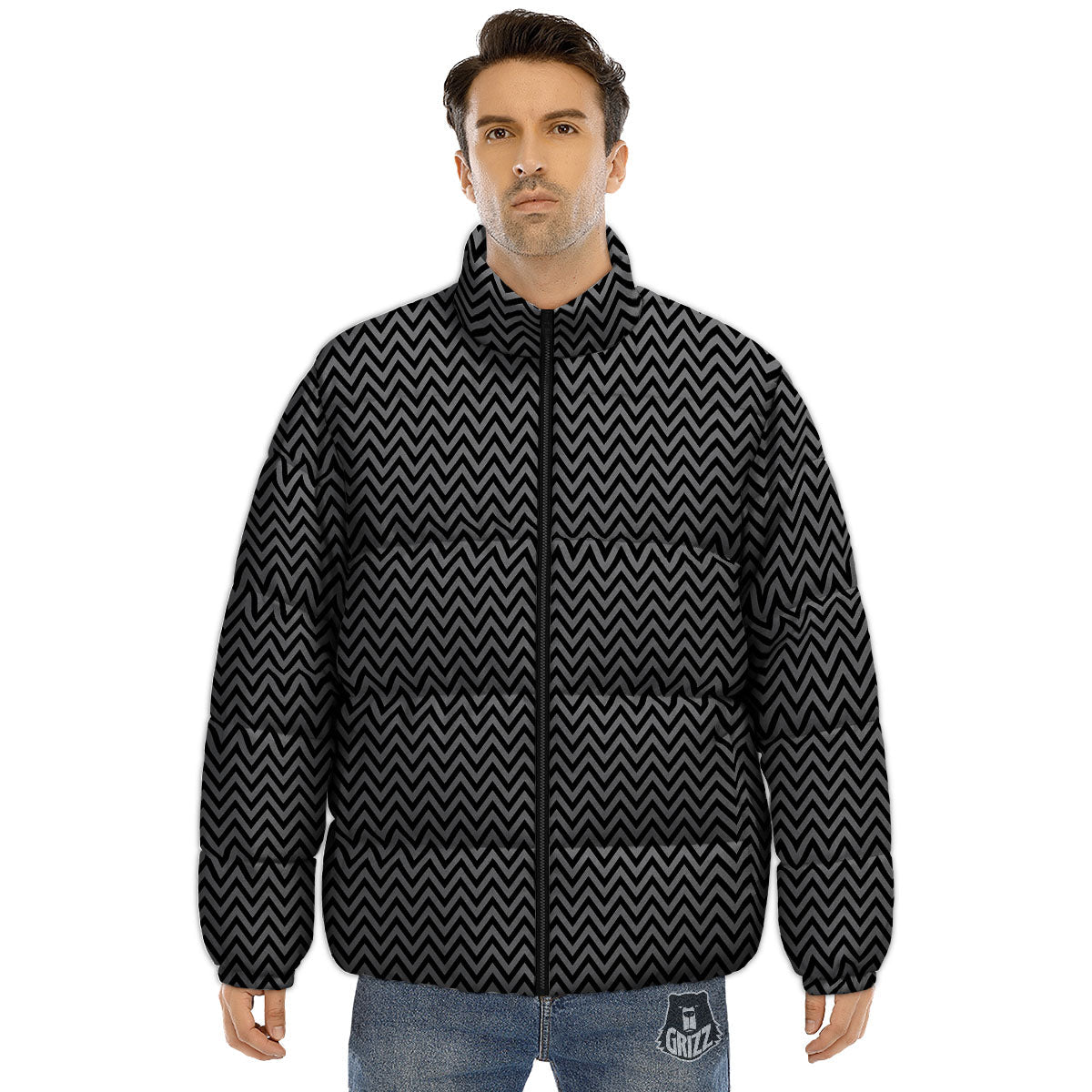 Chevron Black And Grey Print Pattern Puffer Jacket-grizzshop
