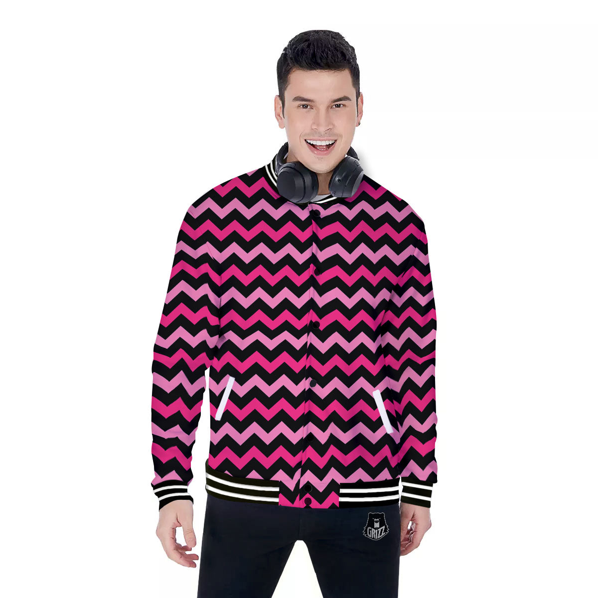 Chevron Black And Pink Print Pattern Baseball Jacket-grizzshop