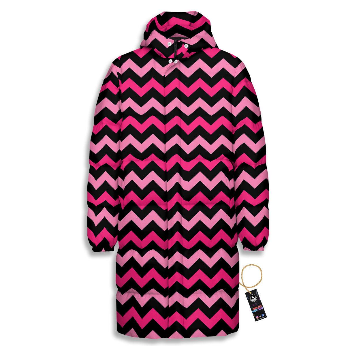 Chevron Black And Pink Print Pattern Long Down Jacket-grizzshop