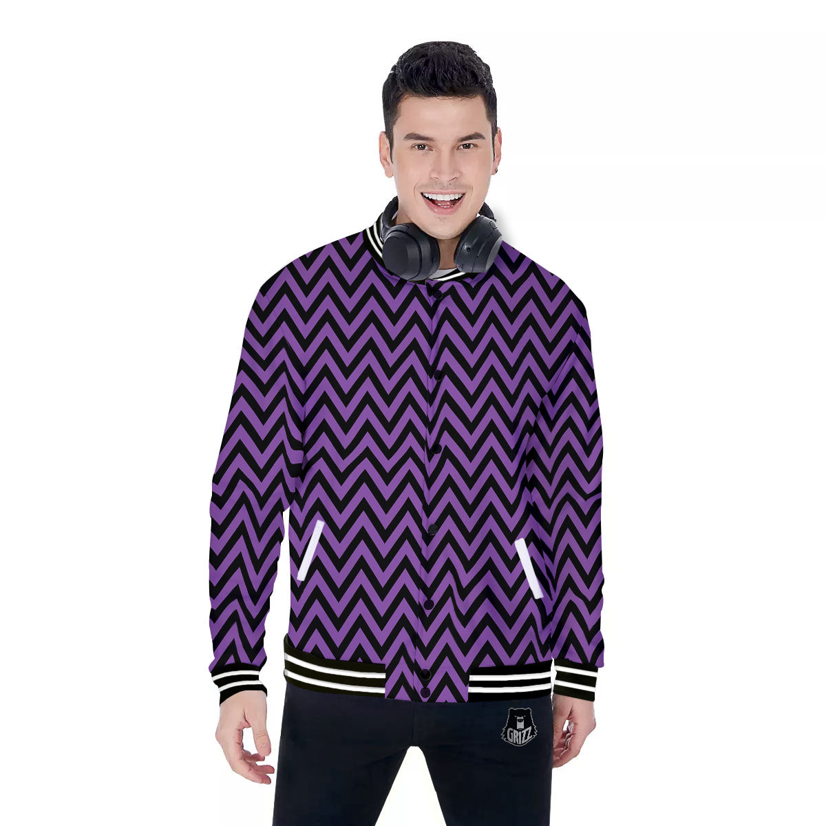 Chevron Black And Purple Print Pattern Baseball Jacket-grizzshop