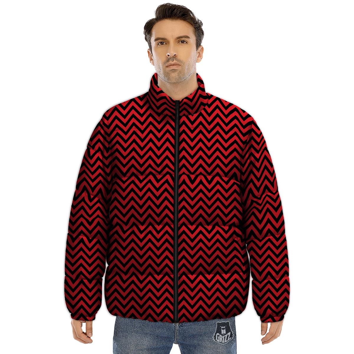 Chevron Black And Red Print Pattern Puffer Jacket-grizzshop