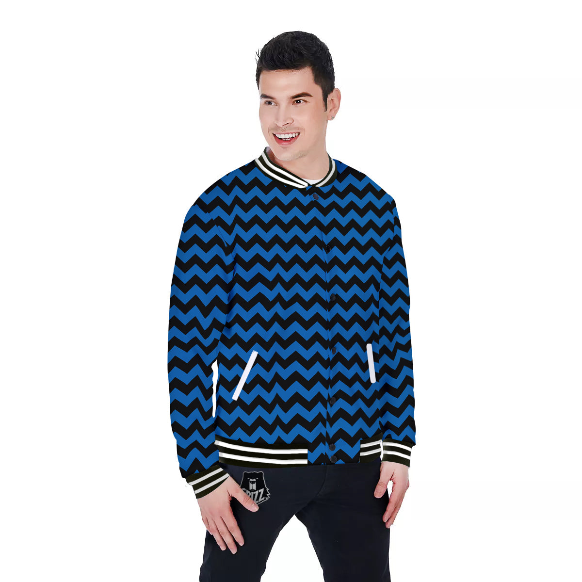 Chevron Blue And Black Print Pattern Baseball Jacket-grizzshop