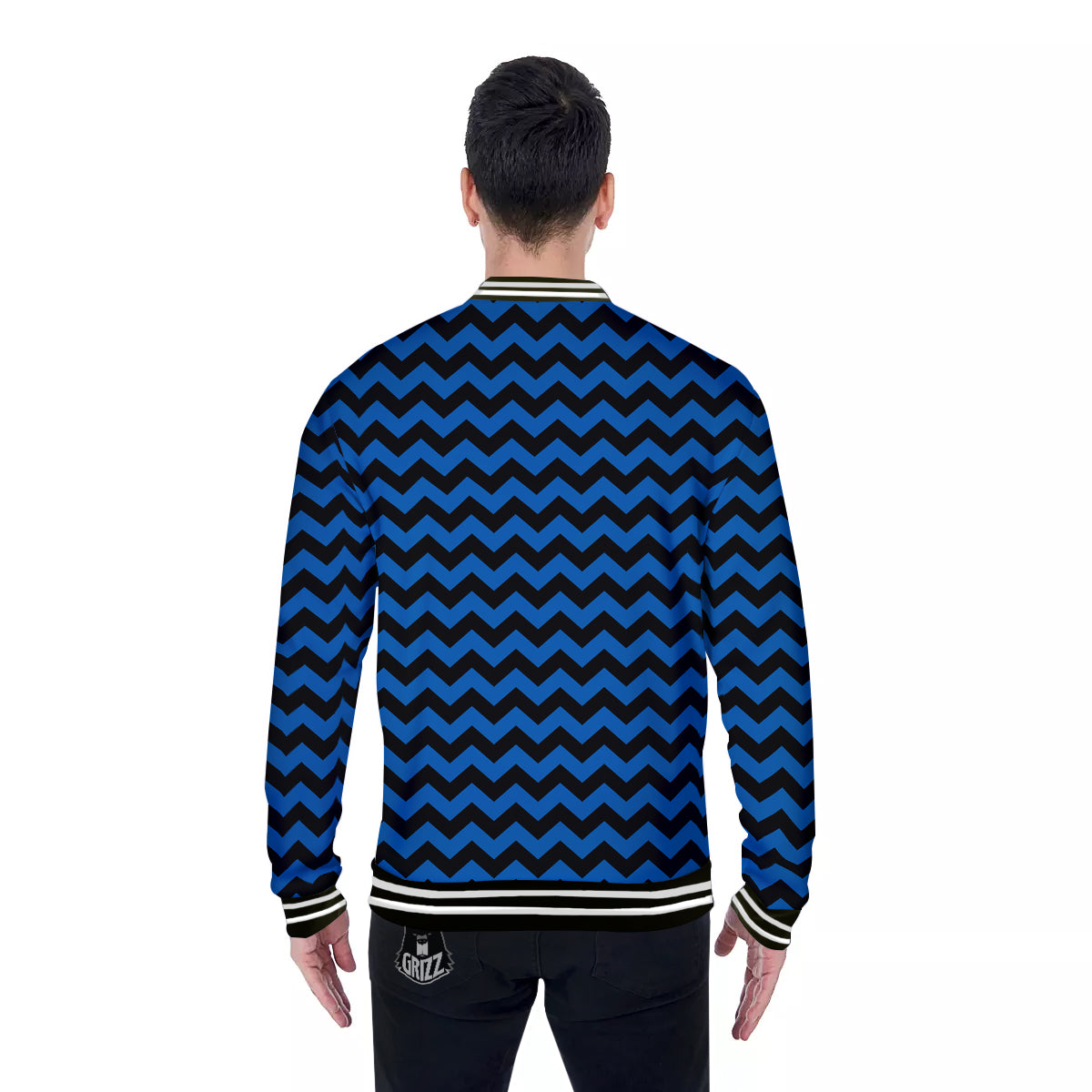 Chevron Blue And Black Print Pattern Baseball Jacket-grizzshop