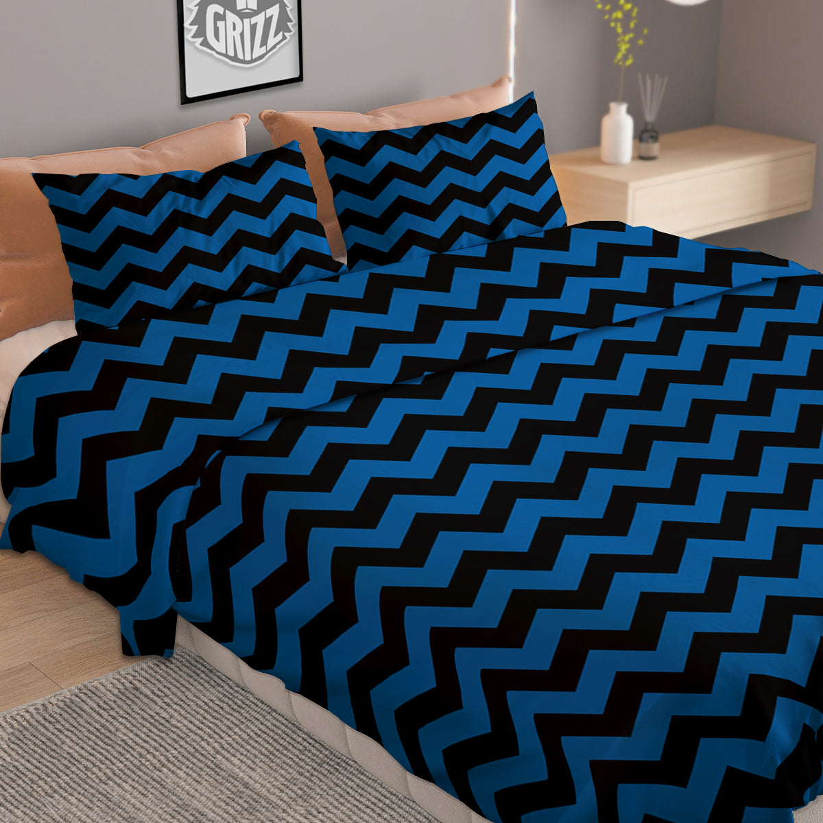 Chevron Blue And Black Print Pattern Duvet Cover Bedding Set
