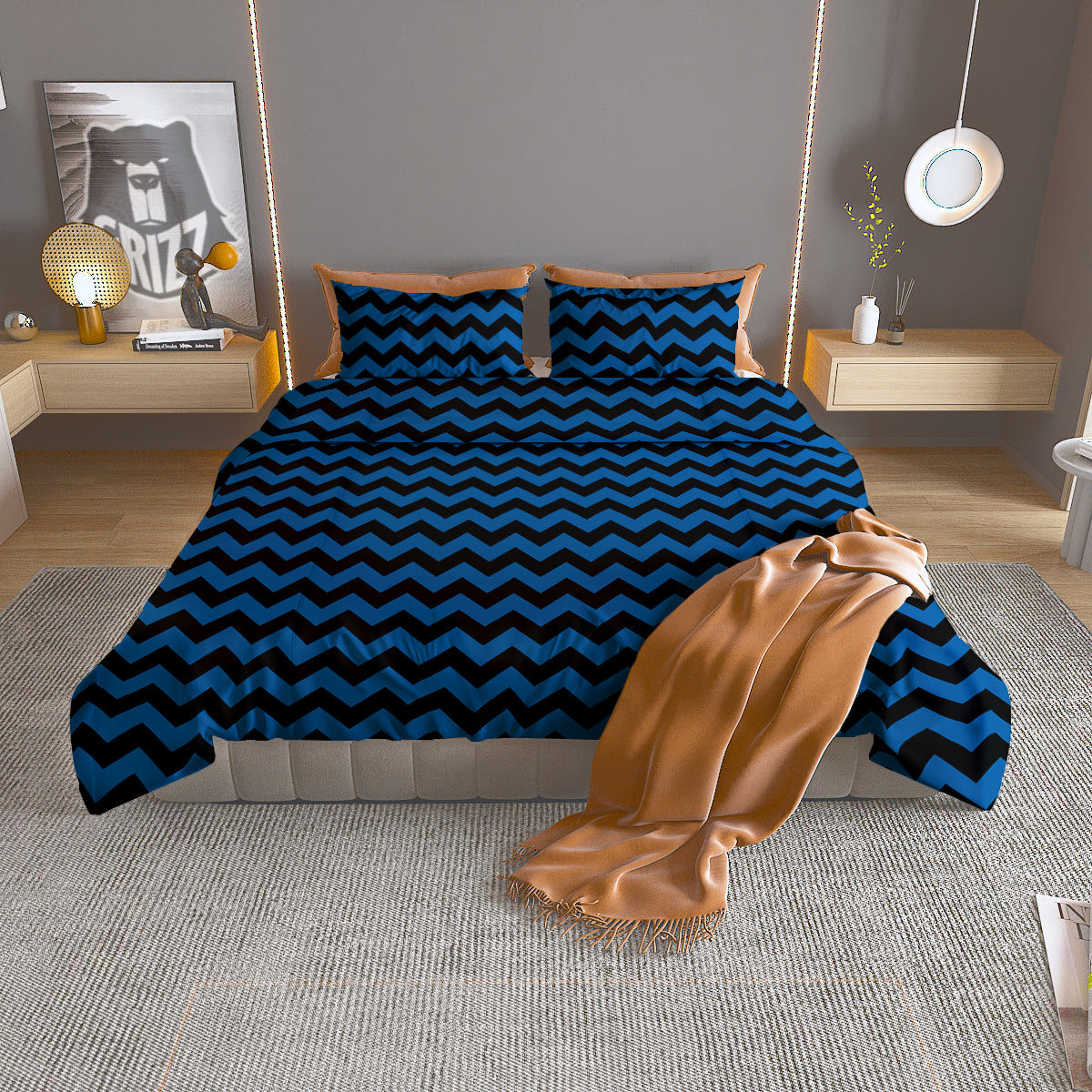 Chevron Blue And Black Print Pattern Duvet Cover Bedding Set