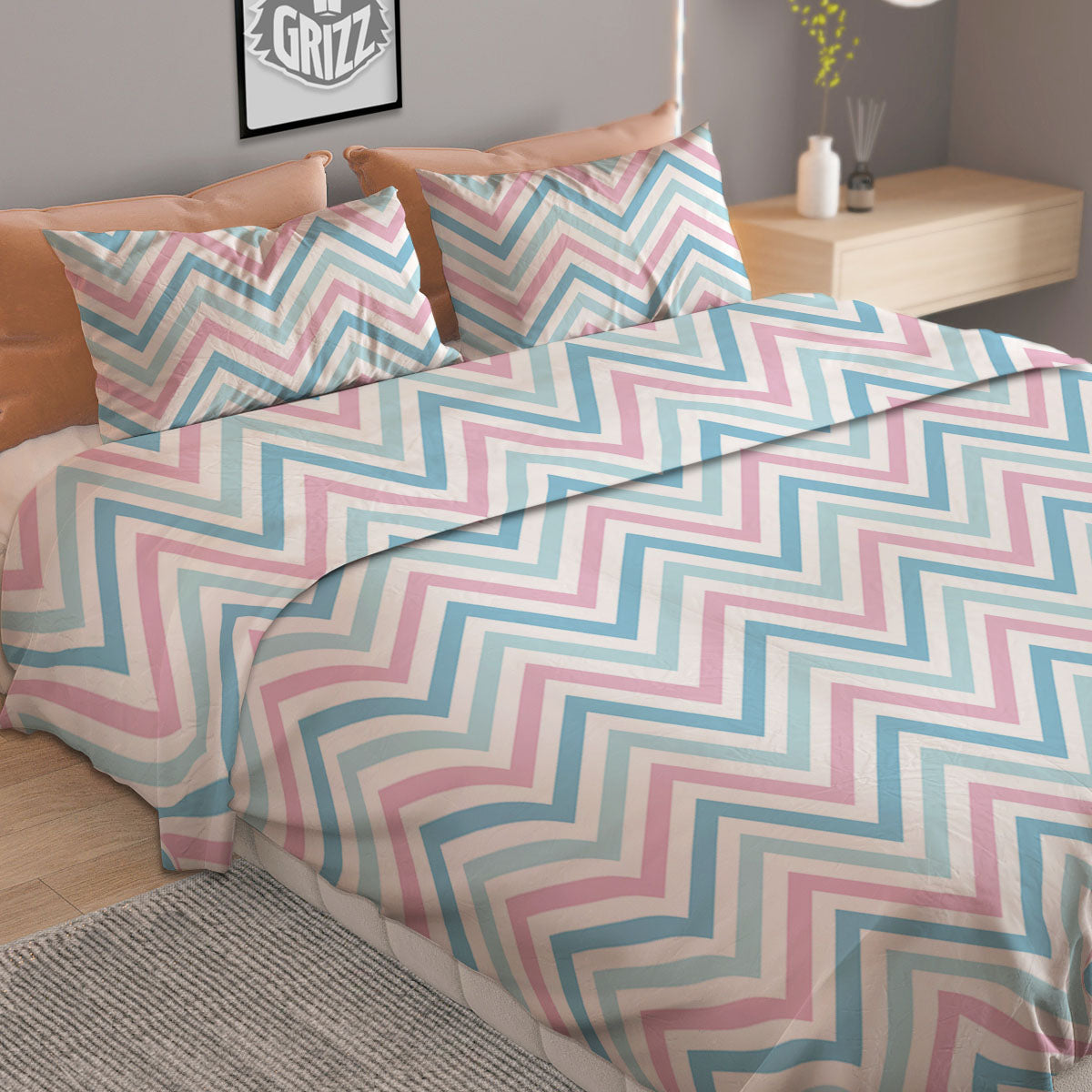 Chevron Blue And Pink Print Pattern Duvet Cover Bedding Set