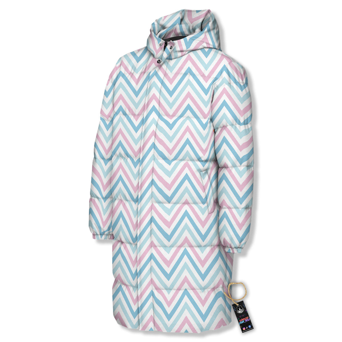 Chevron Blue And Pink Print Pattern Long Down Jacket-grizzshop