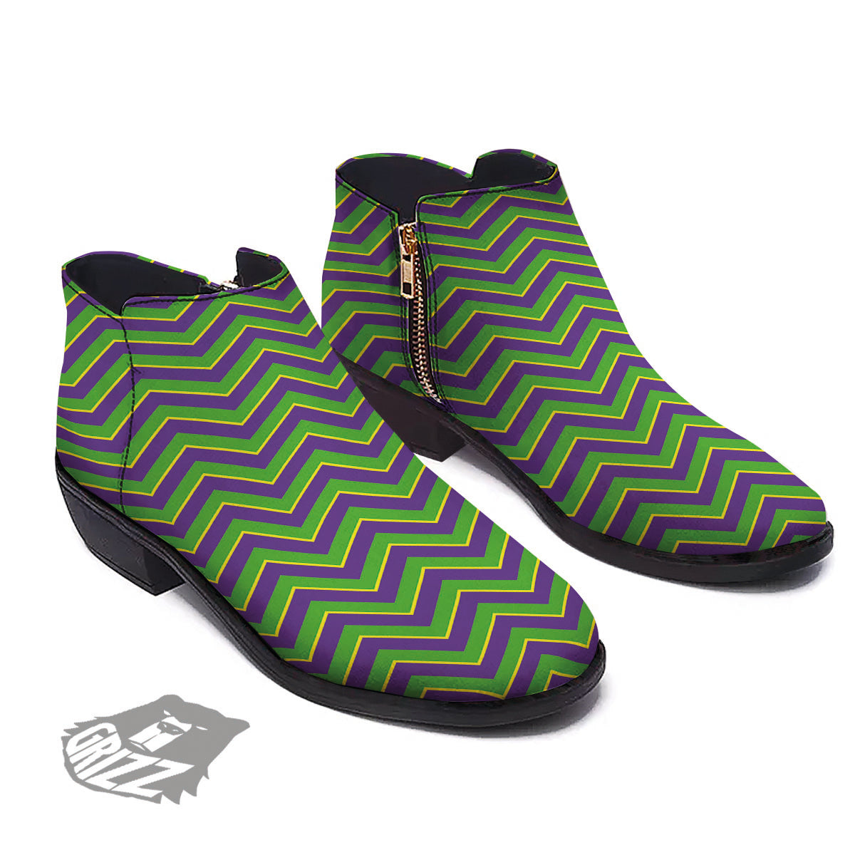 Chevron Mardi Gras Print Pattern Ankle Boots-grizzshop