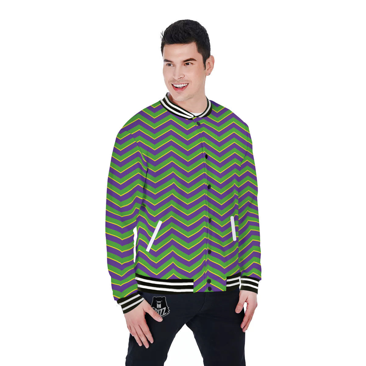 Chevron Mardi Gras Print Pattern Baseball Jacket-grizzshop