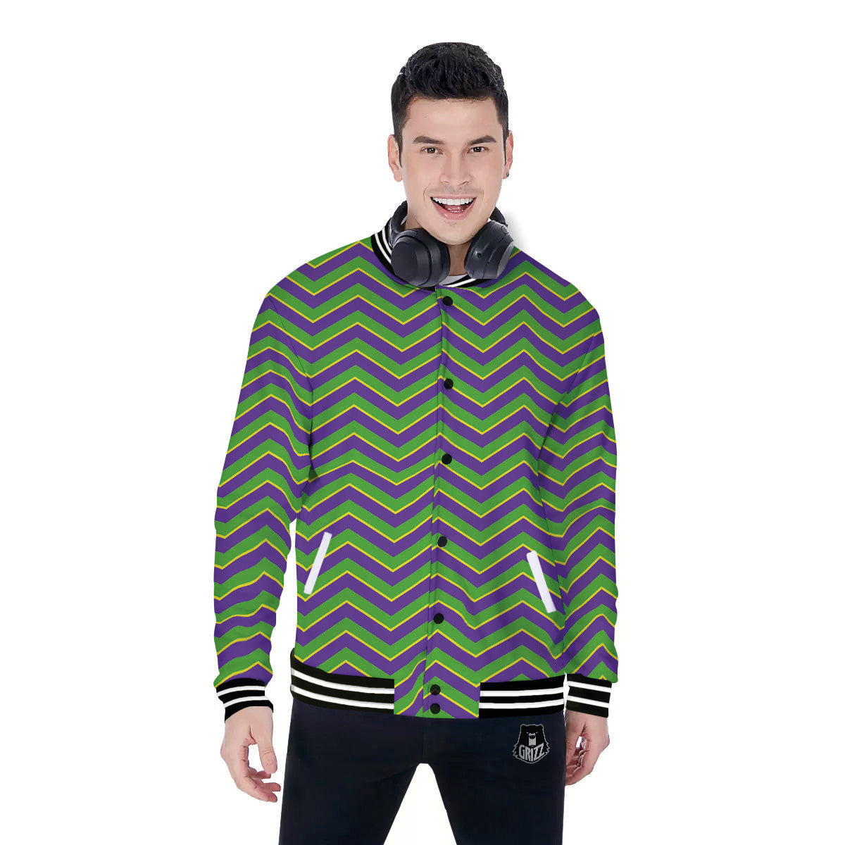 Chevron Mardi Gras Print Pattern Baseball Jacket-grizzshop