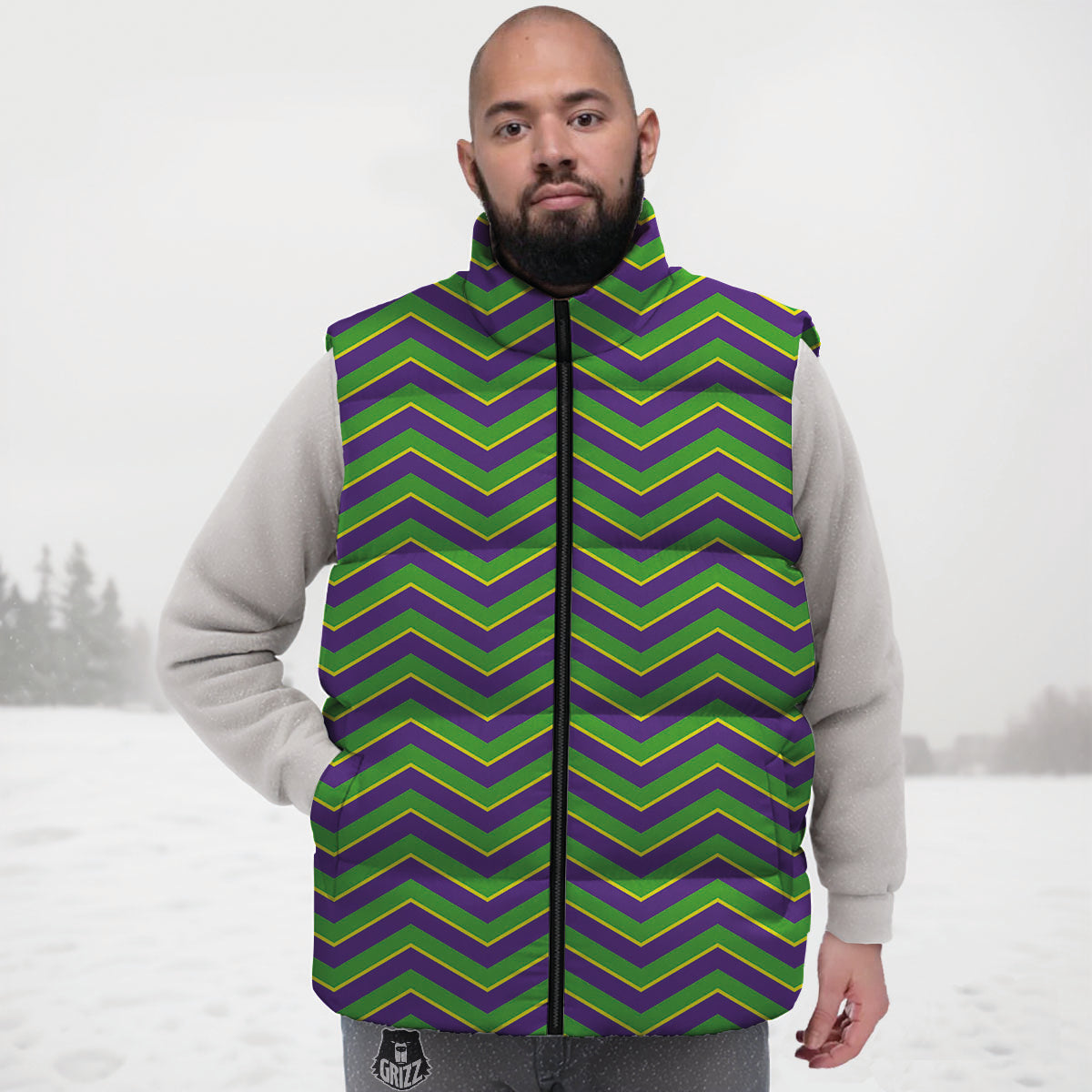 Chevron Mardi Gras Print Pattern Down Vest