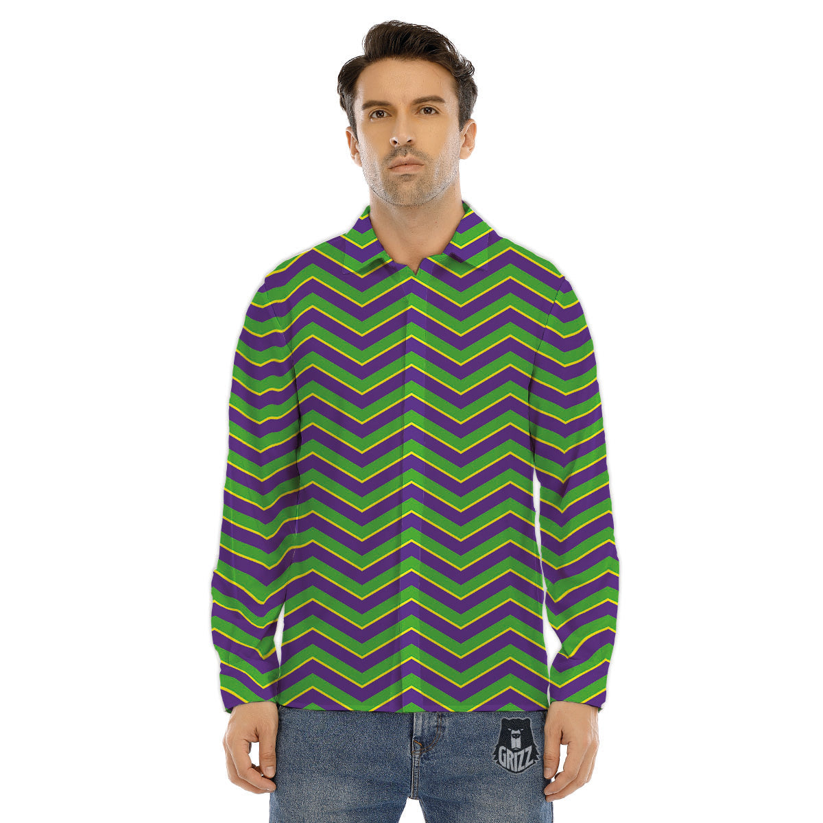 Chevron Mardi Gras Print Pattern Men's Dress Shirts-grizzshop