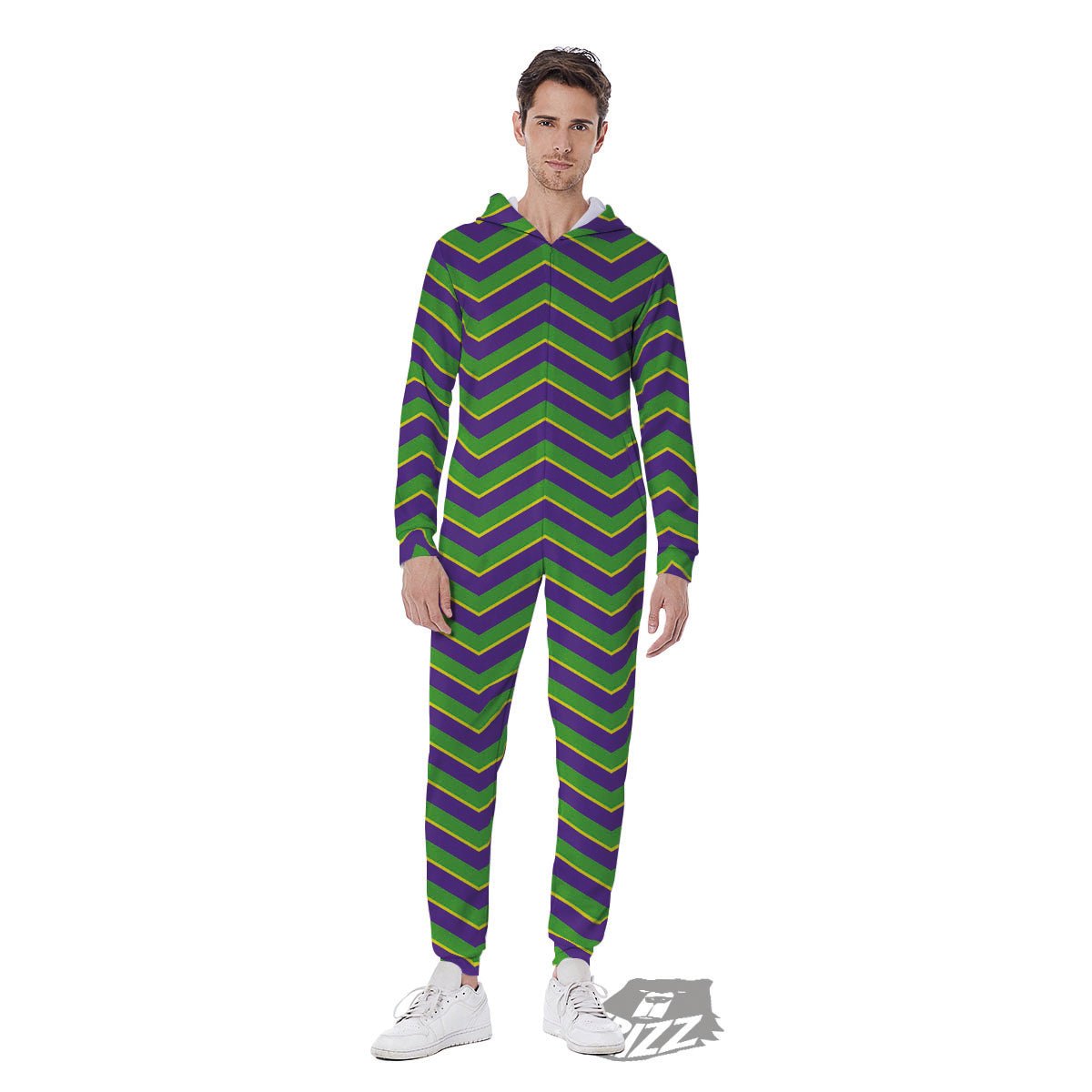 Chevron Mardi Gras Print Pattern Men's Jumpsuit-grizzshop