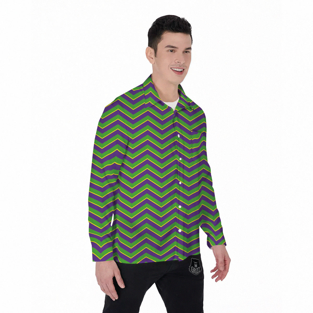 Chevron Mardi Gras Print Pattern Men's Long Sleeve Shirts-grizzshop