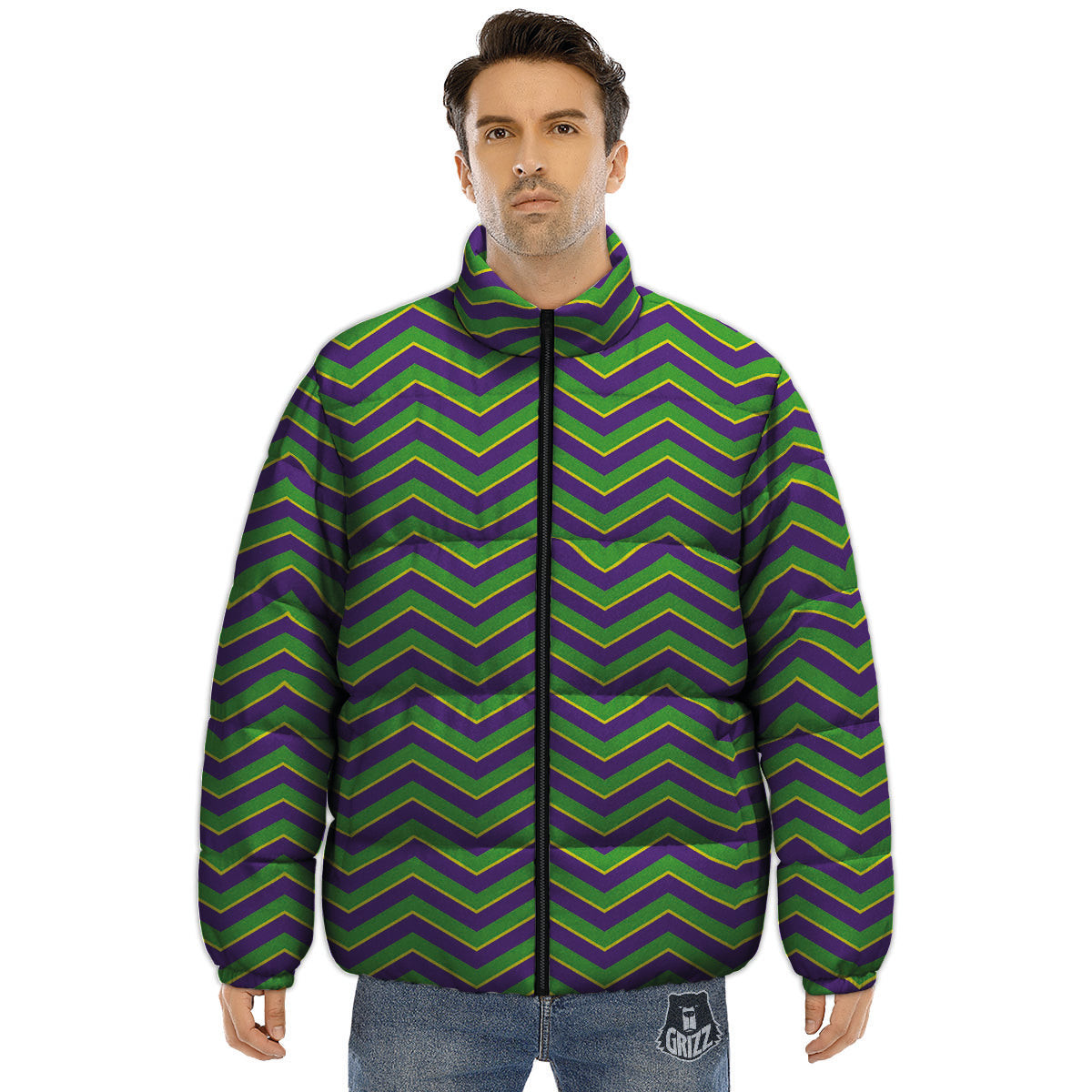 Chevron Mardi Gras Print Pattern Puffer Jacket-grizzshop