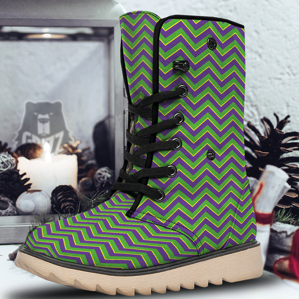 Chevron Mardi Gras Print Pattern Snow Boots-grizzshop