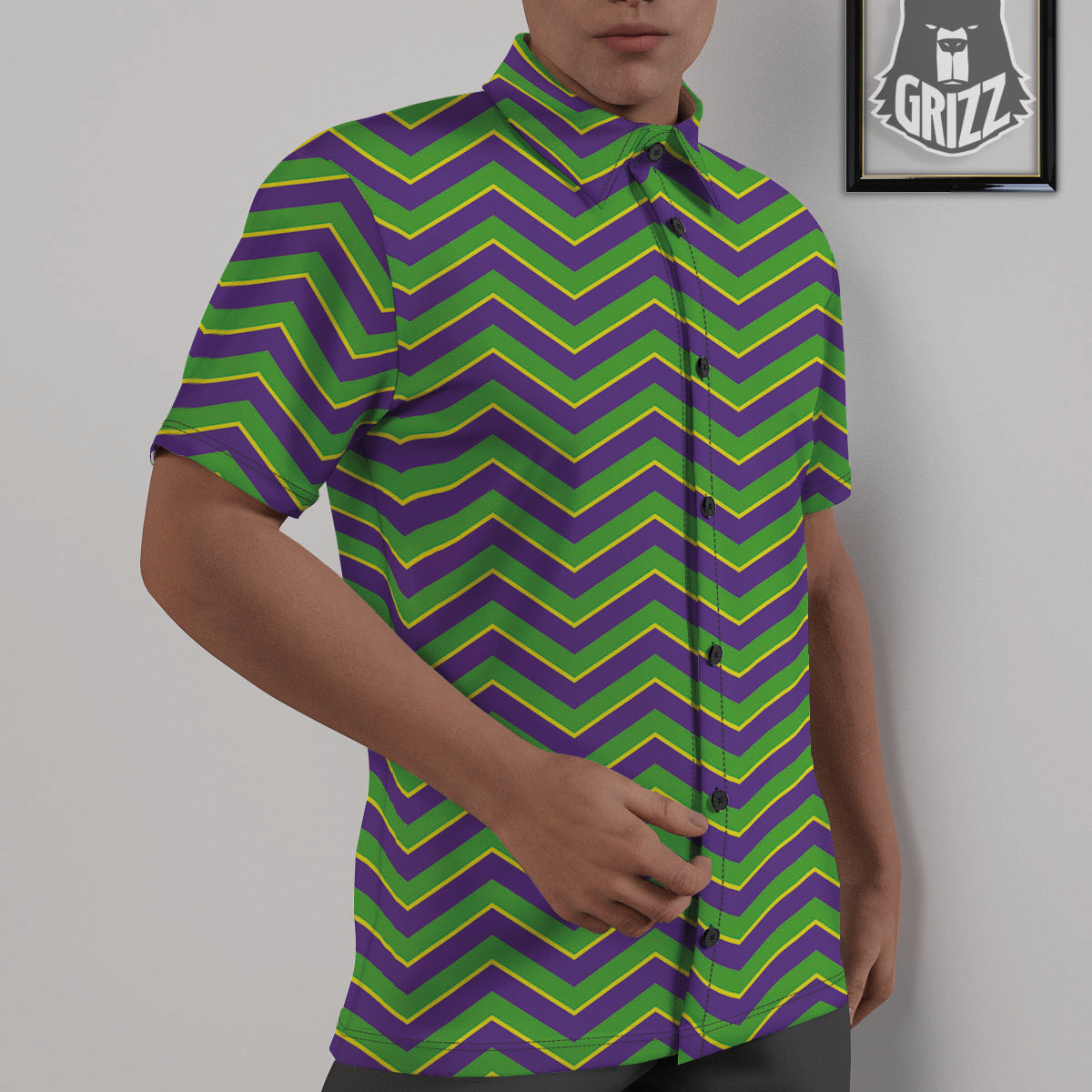 Chevron Mardi Gras Print Pattern Untucked Shirts-grizzshop