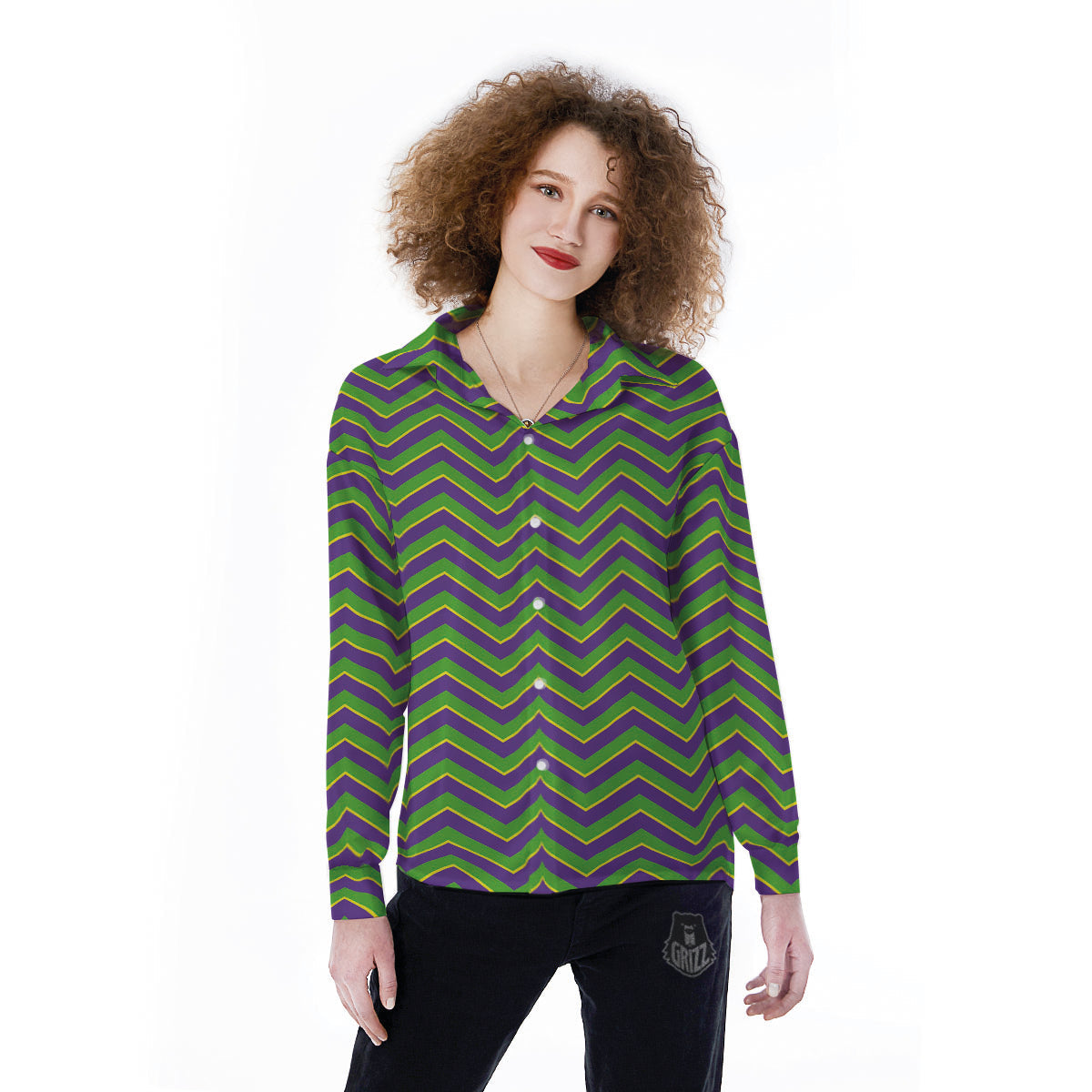 Chevron Mardi Gras Print Pattern Women's Long Sleeve Shirts-grizzshop