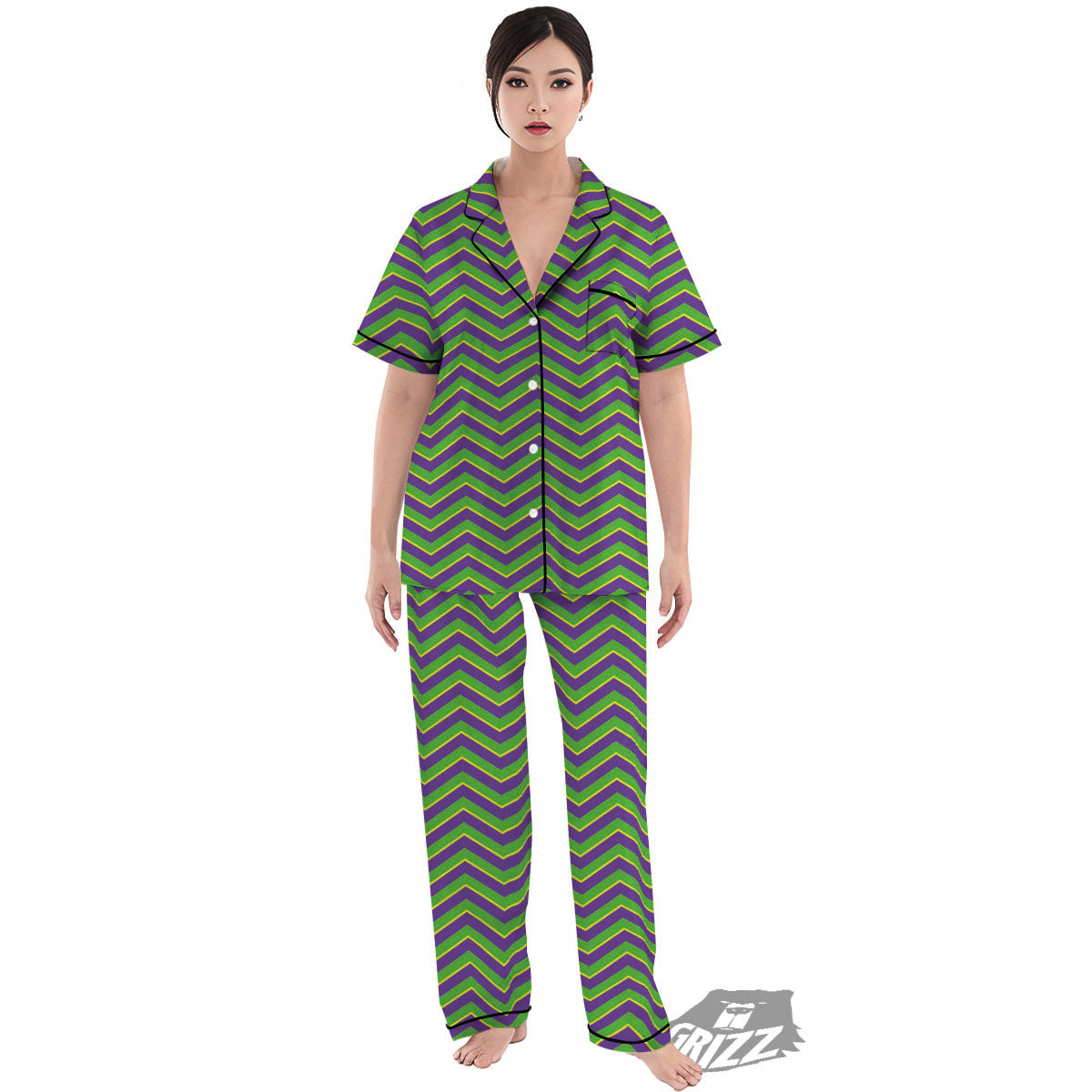Chevron Mardi Gras Print Pattern Women's Pajamas Set-grizzshop