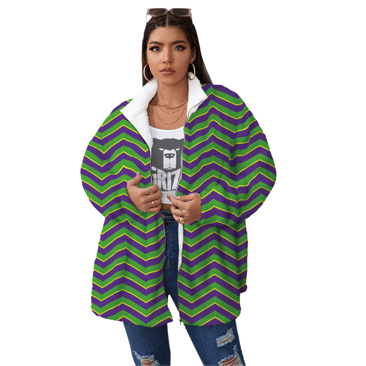 Chevron Mardi Gras Print Pattern Women's Sherpa Jacket-grizzshop