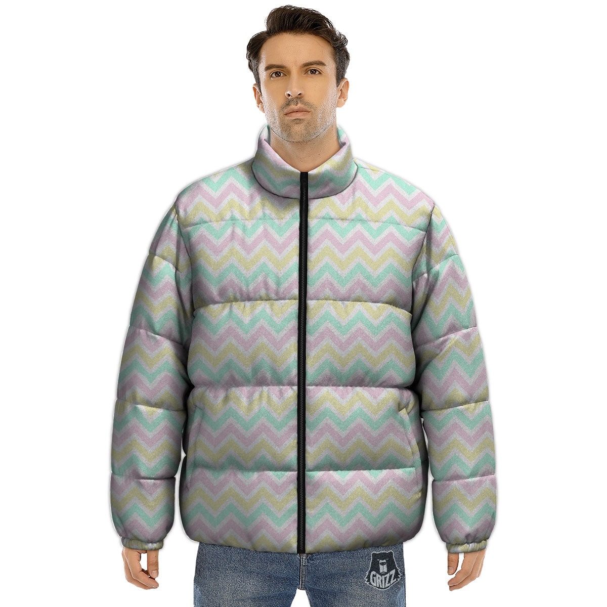 Chevron Pastel Print Pattern Puffer Jacket-grizzshop