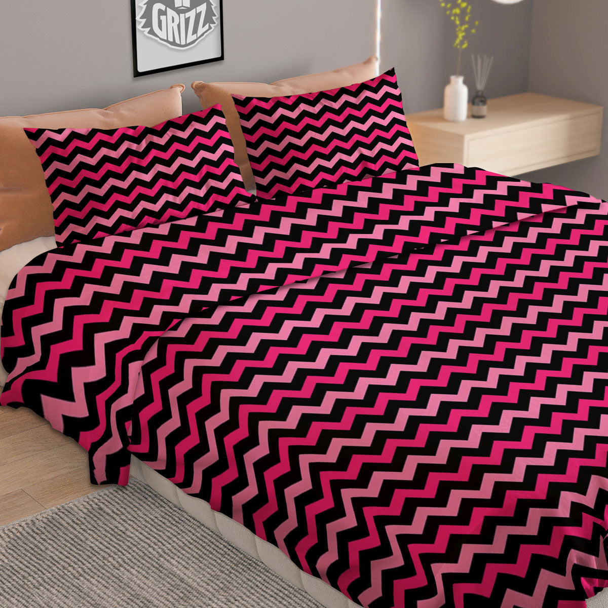 Chevron Pink And Black Print Pattern Duvet Cover Bedding Set