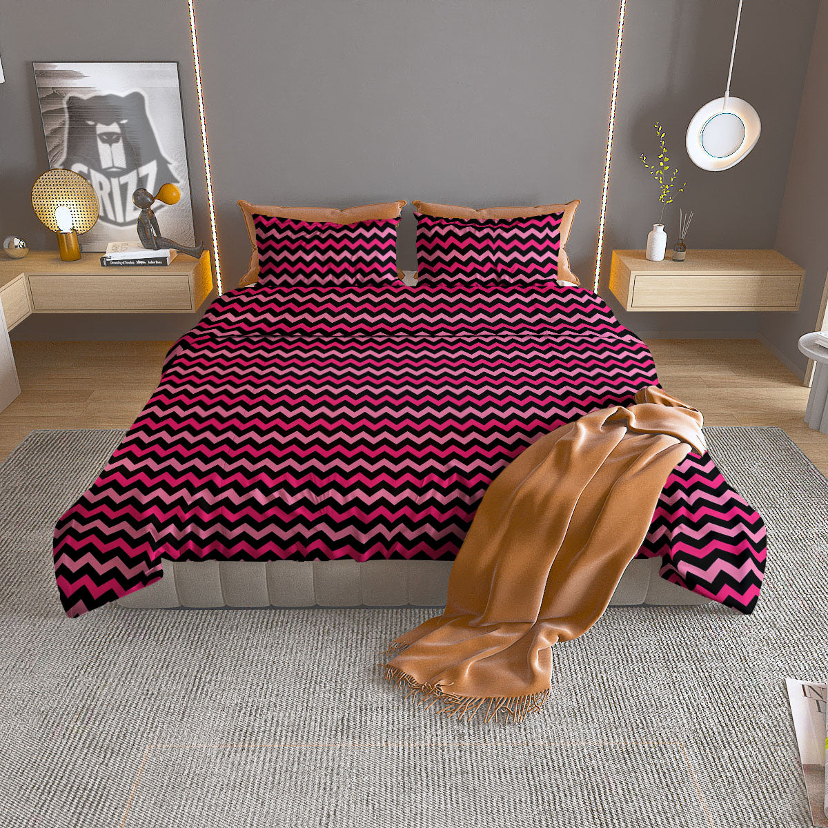 Chevron Pink And Black Print Pattern Duvet Cover Bedding Set