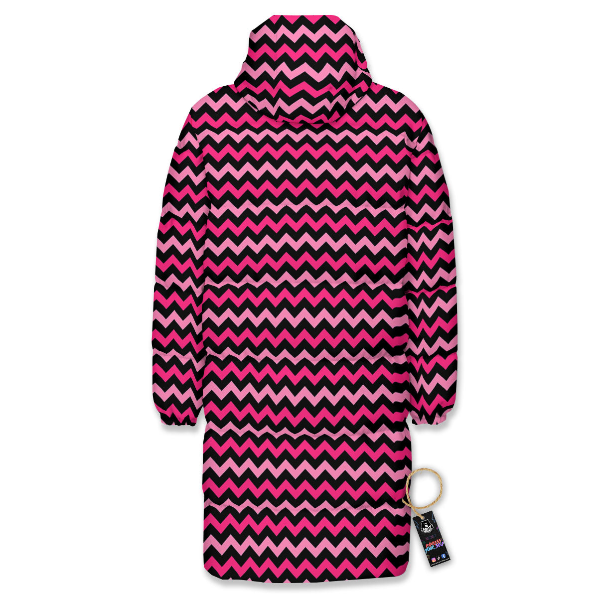 Chevron Pink And Black Print Pattern Long Down Jacket-grizzshop