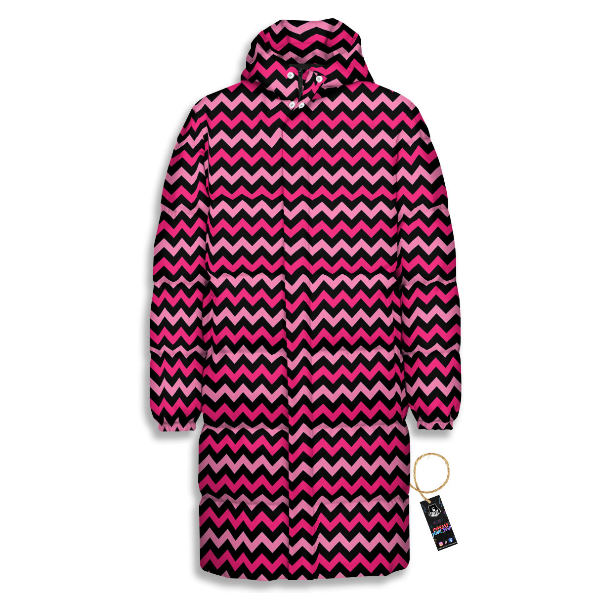 Chevron Pink And Black Print Pattern Long Down Jacket-grizzshop
