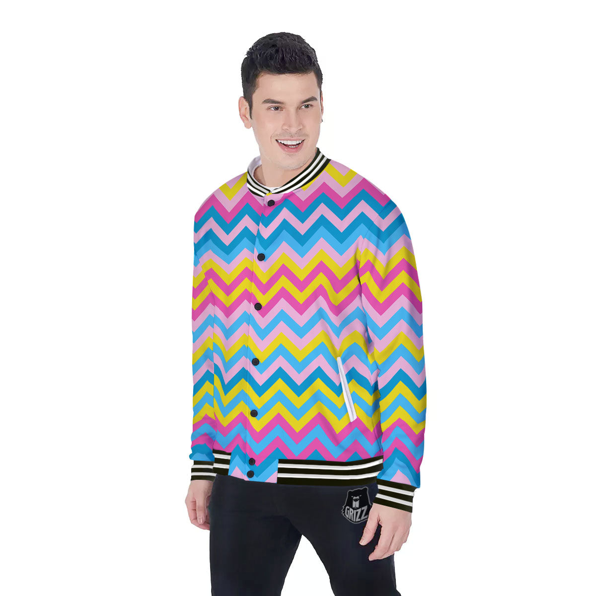 Chevron Rainbow Print Pattern Baseball Jacket-grizzshop