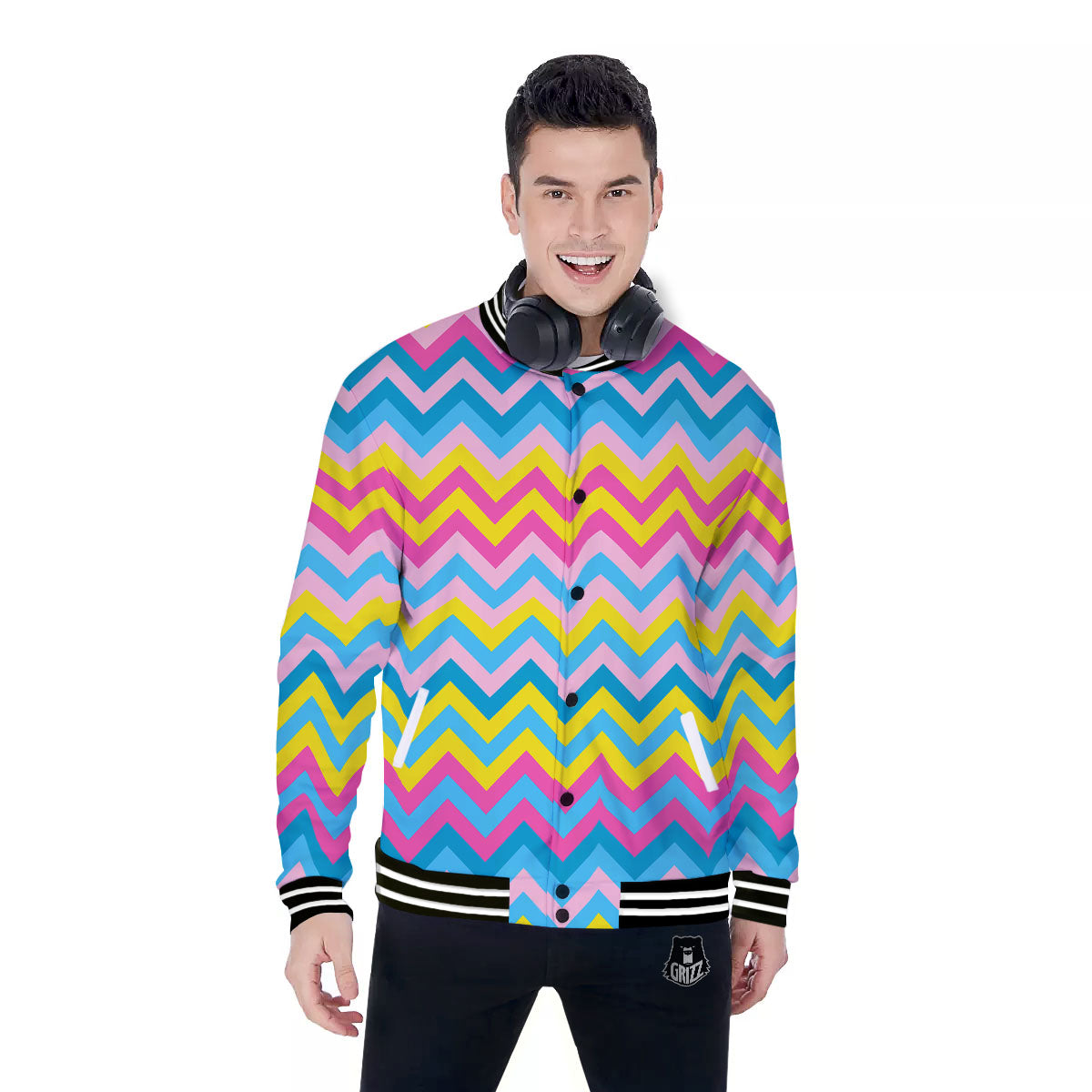 Chevron Rainbow Print Pattern Baseball Jacket-grizzshop