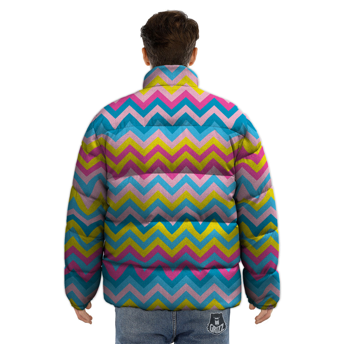 Chevron Rainbow Print Pattern Puffer Jacket-grizzshop