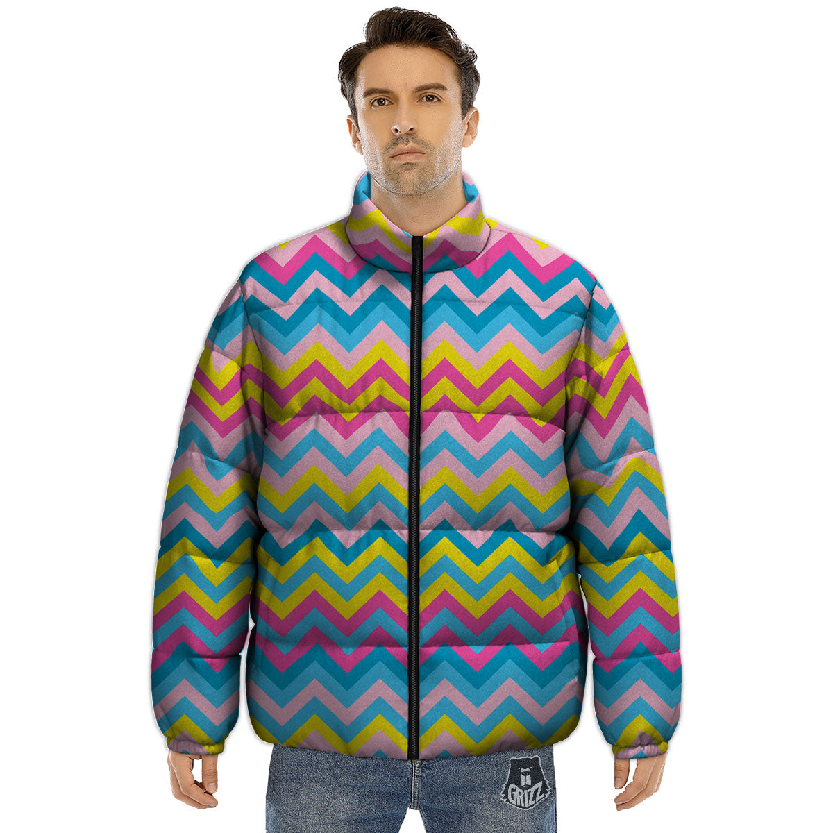 Chevron Rainbow Print Pattern Puffer Jacket-grizzshop