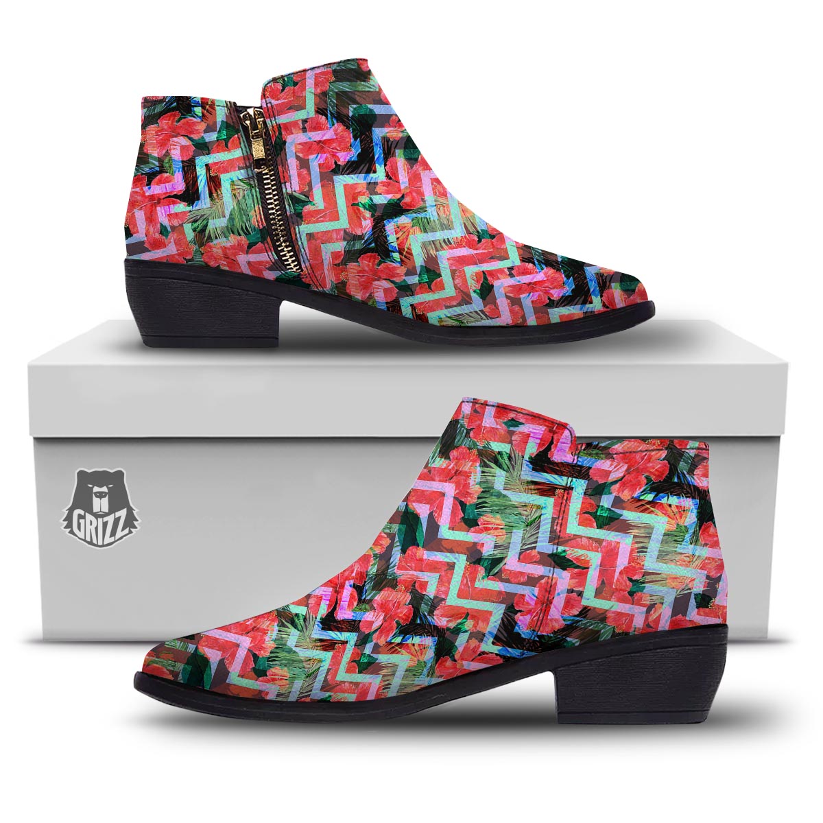 Chevron Red Hibiscus Print Pattern Ankle Boots-grizzshop