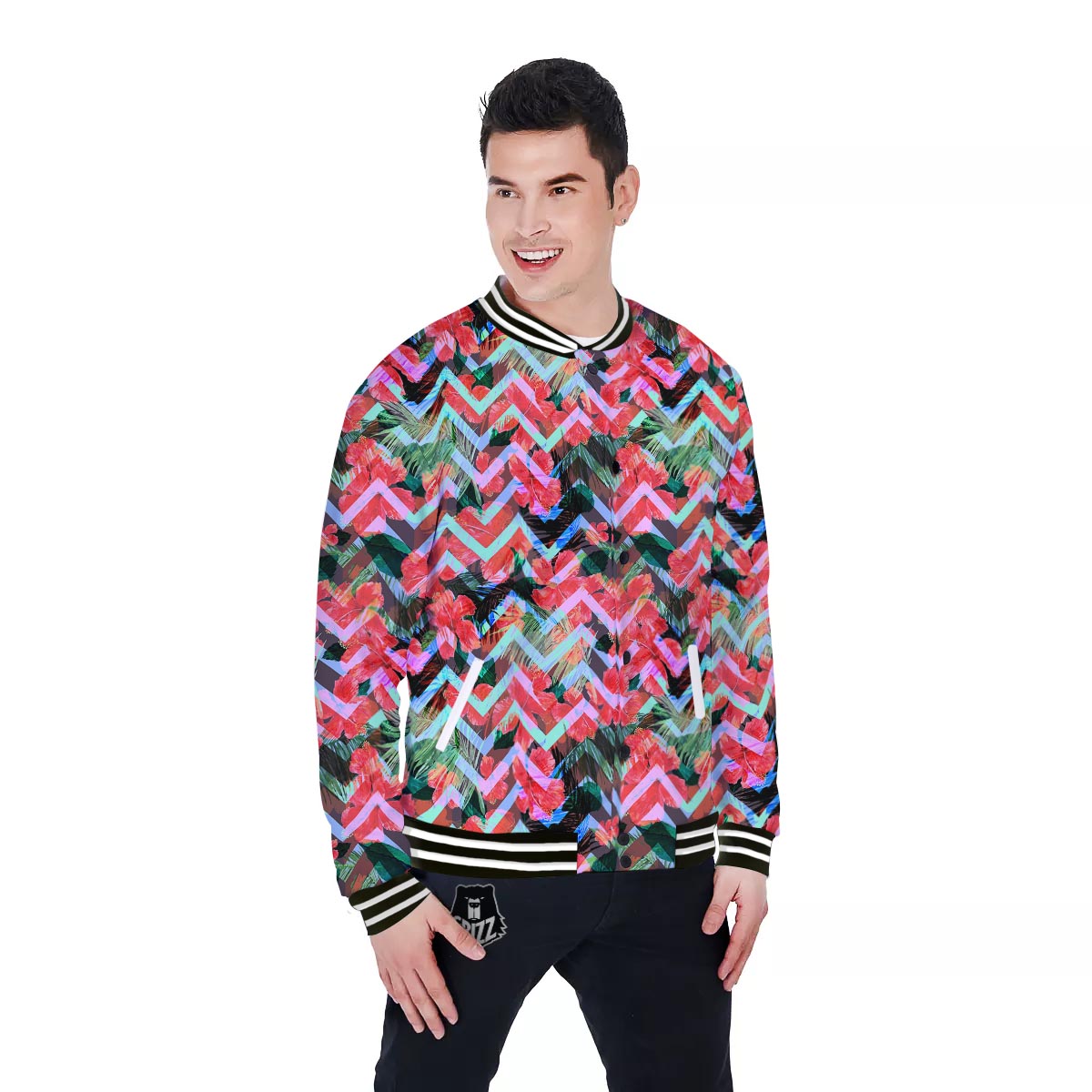 Chevron Red Hibiscus Print Pattern Baseball Jacket-grizzshop